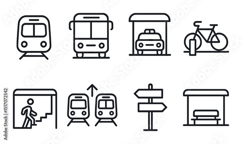 Public transportation icon set in linear style. urban transit and commuting symbols