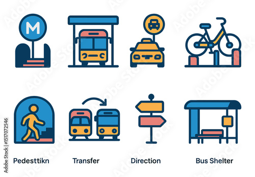 Transportation flat icon set. public transit, commute, and travel symbols