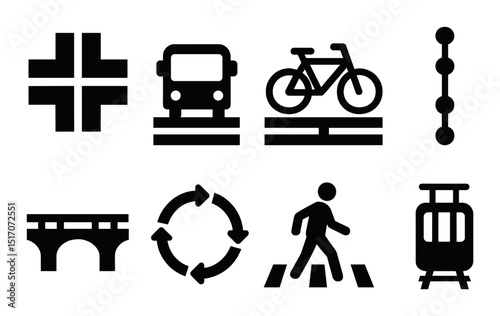 Transportation and city navigation icon set: stylish silhouette symbols for urban planning
