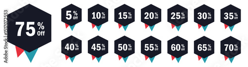 A complete collection of black hexagonal discount tags with red and blue accents, offering percentage deals from 5% to 75% off perfect for online sales, retail promotions, and marketing advertisements