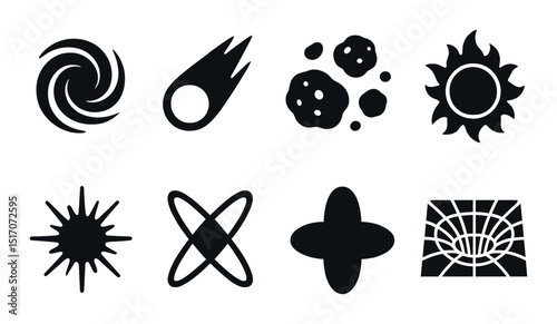 Space and astronomy silhouette icon set. cosmic and galaxy symbols