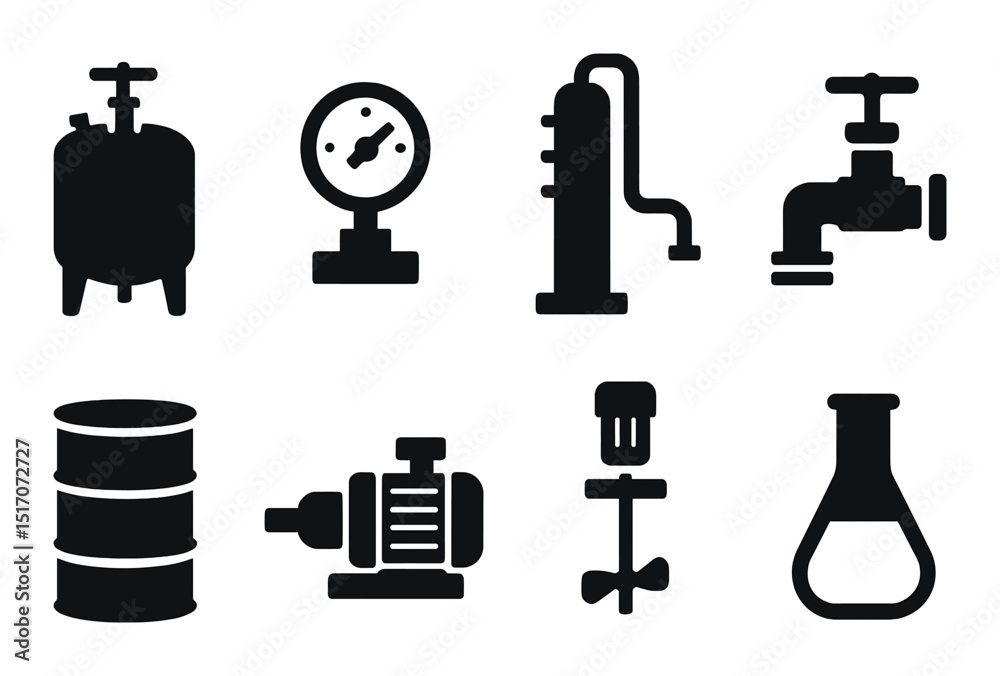Industrial equipment silhouette icon set. machinery and factory tools collection Industrial equipment silhouette icon set. machinery and factory tools collection