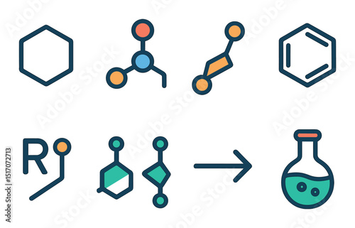 Chemistry flat icon set: molecular, laboratory, science symbols for education
