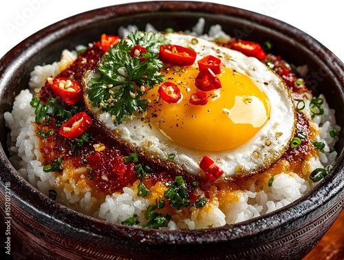 A delicious bowl of savory rice topped with a fried egg, spicy chili flakes, and fresh herbs is ready to be enjoyed.