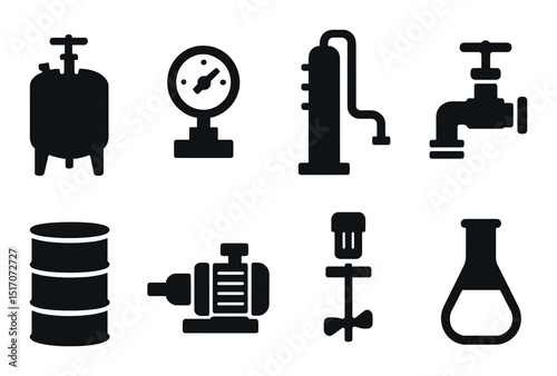 Industrial equipment silhouette icon set. machinery and factory tools collection
