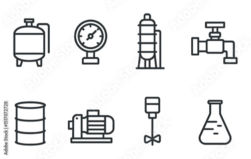 Industrial equipment icon set. flat style machinery and tools symbols