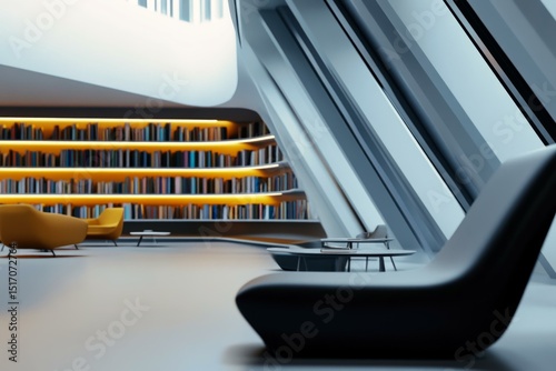  Futuristic minimalist library with ergonomic seating and modern architecture for innovative learning spaces