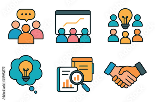 Teamwork and collaboration icon set. linear style business and brainstorming symbols