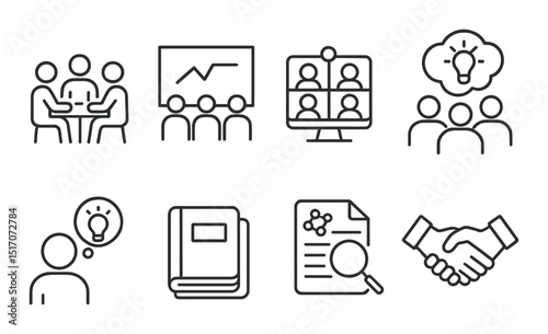 Business meeting linear icon set. corporate communication and teamwork symbols