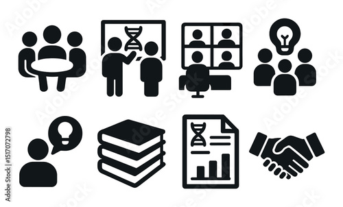 Business and teamwork silhouette icon set. collaboration and meeting symbols