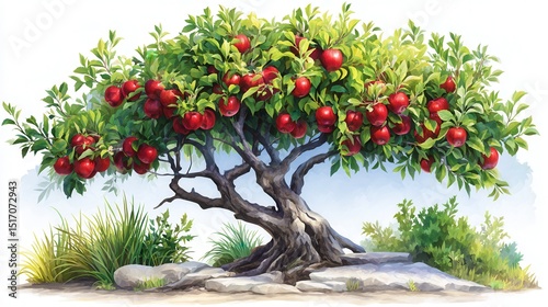 Lush apple tree laden with fruit, on rocky ground