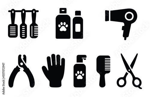 Pet grooming silhouette icon set. animal care and hygiene symbols
