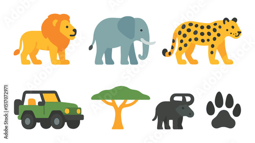 Wildlife flat icon set: safari animals and jungle wildlife symbols