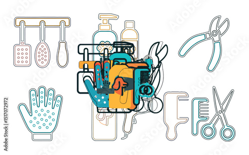 Pet grooming flat icon set. animal care and hygiene symbols for stylists