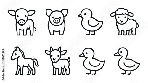 Farm animals silhouette icon set. livestock and barnyard creatures symbols