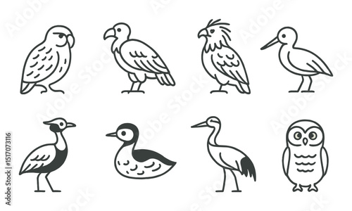 Bird linear icon set: avian, wildlife, nature symbols in simple design