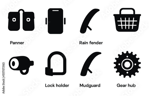 Bike accessories silhouette icon set. cycling gear and equipment symbols