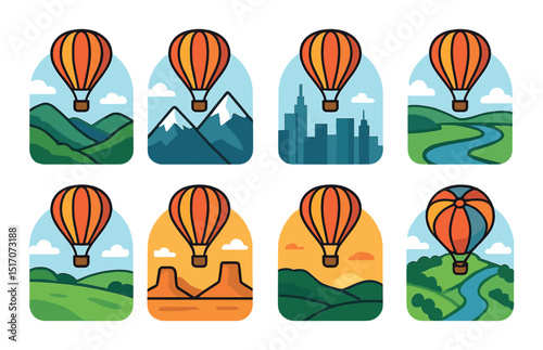 Hot air balloon linear icon set for landscapes and adventure travel scenes