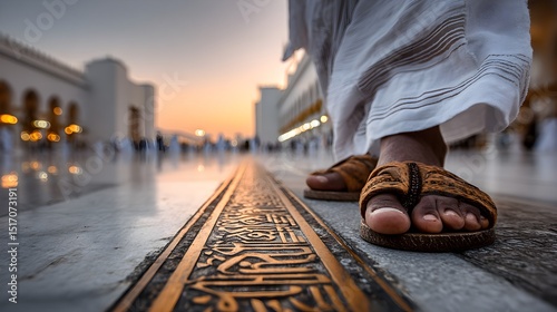A pirim walks along a sacred pathway inlaid with intricate Arabic calligraphy at sunset in a grand mosque.