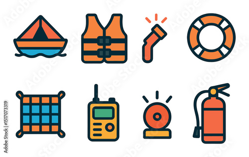 Marine safety silhouette icon set. maritime and nautical emergency symbols