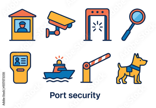 Port security icon set in flat style. surveillance and protection symbols