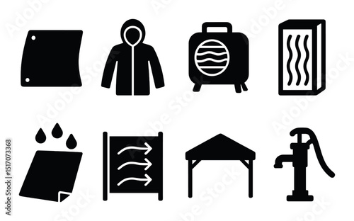 Camping essentials silhouette icon set. outdoor gear and adventure symbols