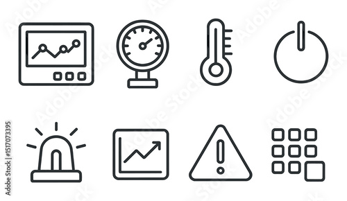 Technology and data silhouette icon set. digital monitoring and analytics symbols