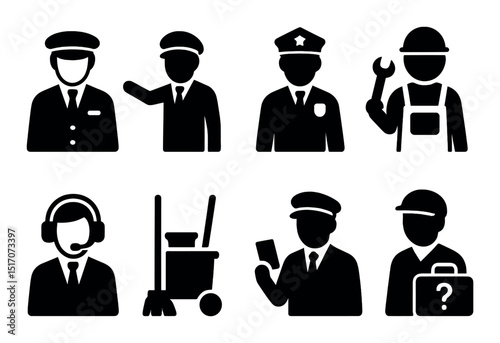 Profession and occupation icon set: silhouette style symbols for careers and jobs