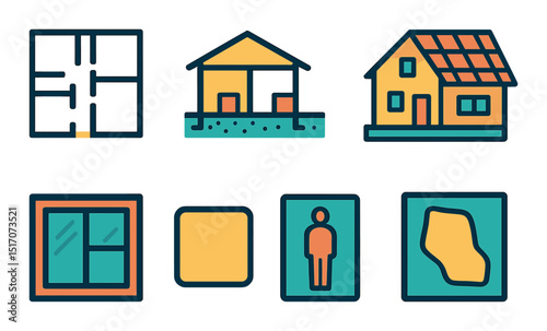 Home design icon set: flat style housing, construction, and architecture symbols