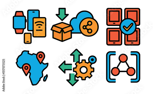 Flat vector icons of IoT scalability and deployment: device fleet icon, deployment package, scalable cloud node, device batch registration, region deployment map, expansion arrows, provisioning gear,