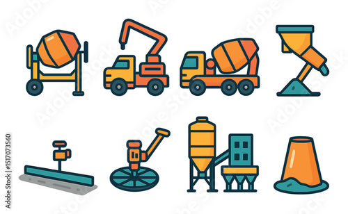 Construction equipment flat icon set for building and industrial projects