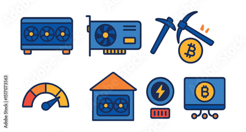 Flat vector icons of crypto mining: mining rig icon, GPU card, ASIC machine, pickaxe and coin, hash rate gauge, mining farm, electricity cost meter, mining pool icon.