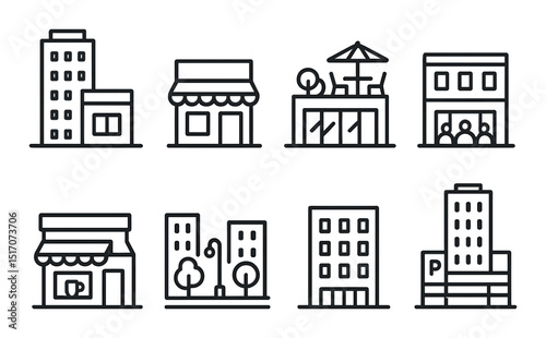 Cityscape linear icon set. urban, architecture, building symbols