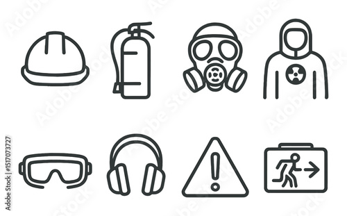 Safety and hazard icon set in linear style. warning signs and protective gear symbols