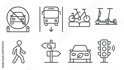 Urban mobility icon set. flat transportation symbols and commuting elements