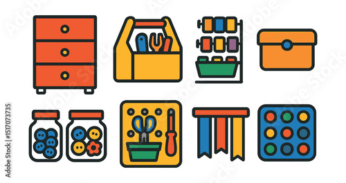 Flat vector icons of craft storage: drawer unit, tool caddy, thread organizer, supply box, labeled jars, pegboard wall, ribbon rack, bead case.