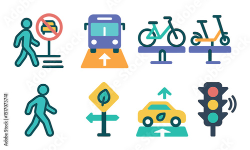 Urban mobility icons set with silhouette style. transport and travel symbols