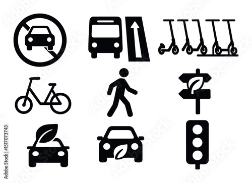 Transportation silhouette icons set. eco-friendly, mobility symbols for design