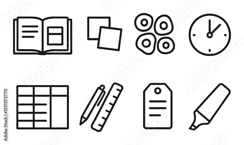 Office essentials icon set in silhouette style. work and productivity symbols