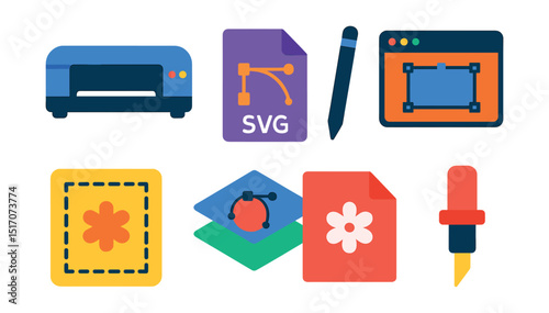 Flat vector icons of digital crafting: cutting machine, SVG file icon, digital pen, design software screen, template sheet, vector layers, print preview, plotter blade.