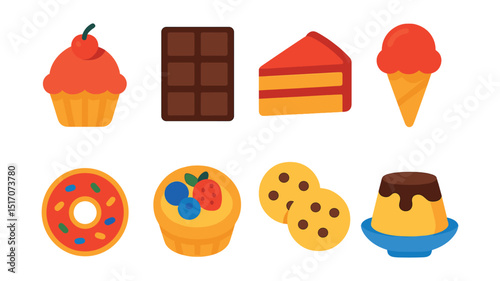 Flat vector icons of desserts and sweets: cupcake, chocolate bar, slice of cake, ice cream cone, donut, fruit tart, cookies, pudding bowl.