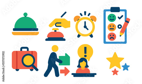 Flat vector icons of hotel service elements: room service tray, bell button, wake-up call, guest feedback form, lost and found, delivery icon, complaint desk, service rating stars.