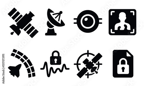 Technology and security silhouette icon set. digital protection and satellite symbols