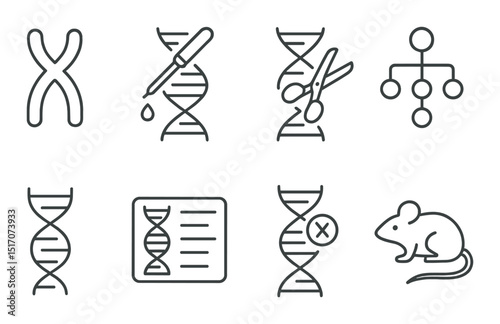 Genetics linear icon set. dna, genome, and biotech symbols for scientific research