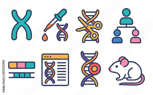 Genetics and biology flat icon set. dna analysis and research symbols