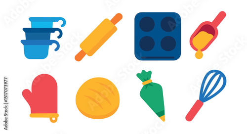 Flat vector icons of baking essentials: measuring cups, rolling pin, cupcake tray, flour scoop, oven mitt, dough ball, pastry bag, egg whisk.