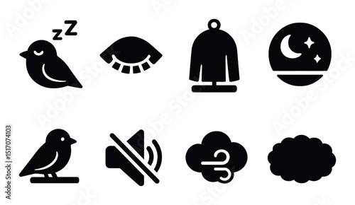 Sleep and relaxation silhouette icon set. calm and restful symbols for tranquility