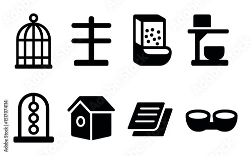 Pet care silhouette icon set: animal shelter and feeding symbols