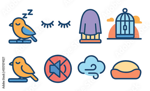 Bird and sleep flat icon set. relaxation, rest, and tranquility symbols