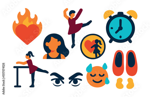 Flat vector icons of dance passion and dedication: burning heart, dance obsession icon, late night practice, “I love dance” badge, relentless rehearsal, focused eyes, sweat & joy icon, legacy steps.